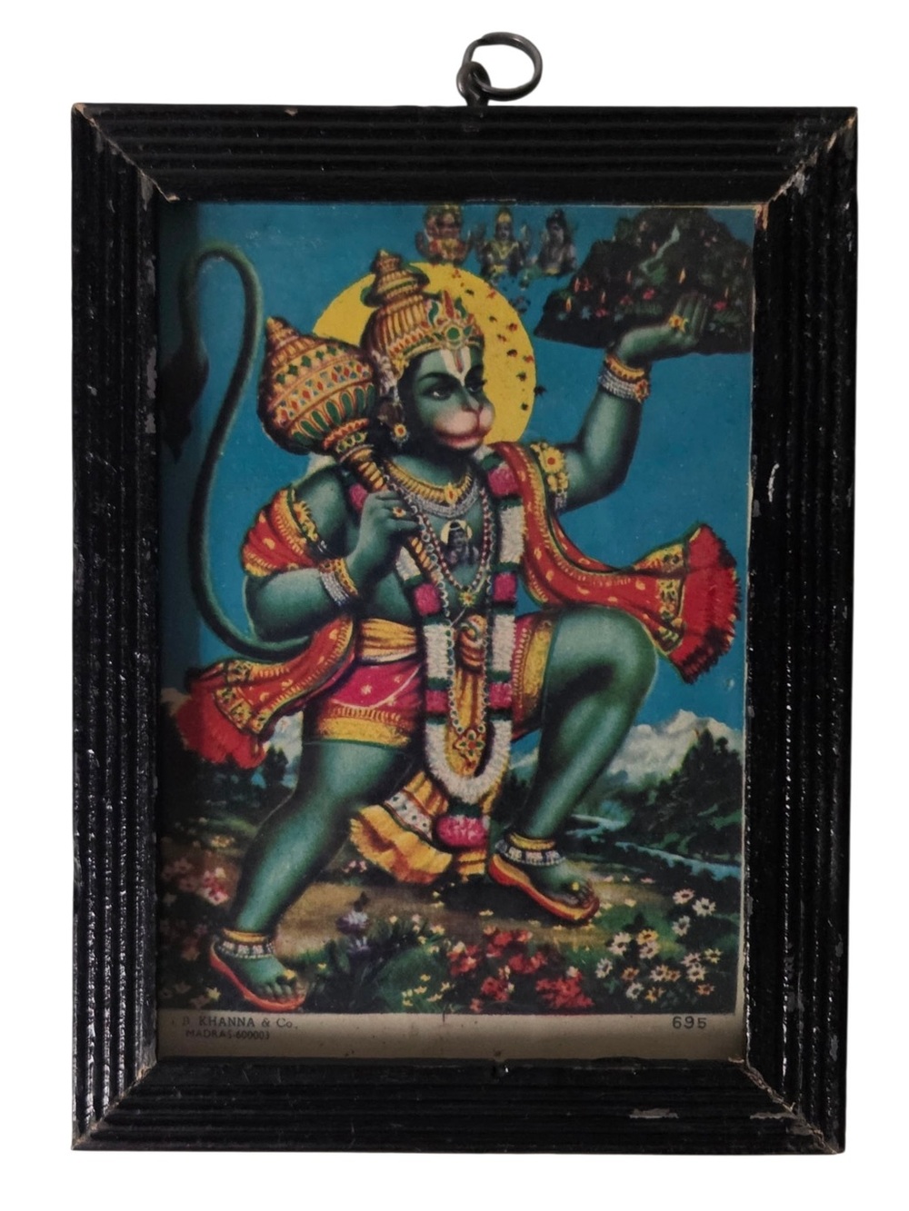 Vintage Hanuman Carrying Sanjeevani Mountain Framed Hindu Print B Khanna India